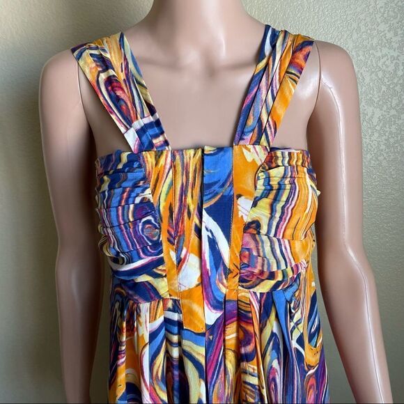Line & Dot Silk Maxi Dress Orange Blue Purple Swirl Pattern Size Small - Picture 2 of 12
